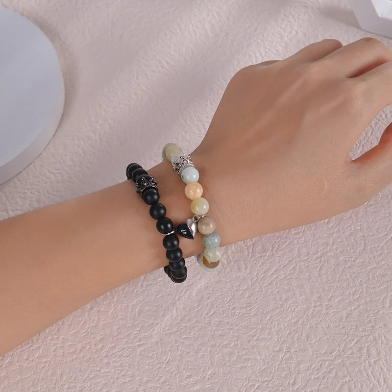 2023 White Turquoise Frosted Stone Magnetic Couple Charm Bracelets Fashion Crown Natural Stone Beaded Bracelet for Men and Women