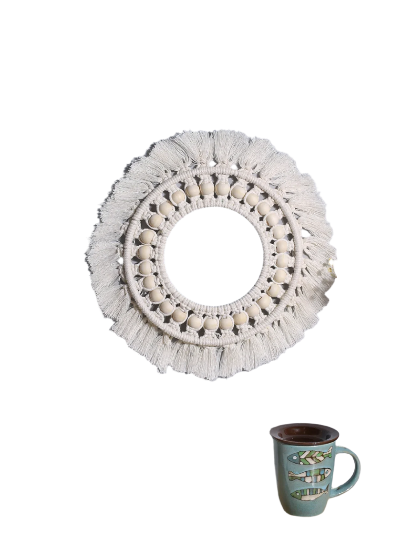 Hemasa Macrame Mirror Round Beige Wooden Beads Mirror Wall Boho Home Decoration Aesthetic Wall Decor Accessories Room Ornament Art Gift