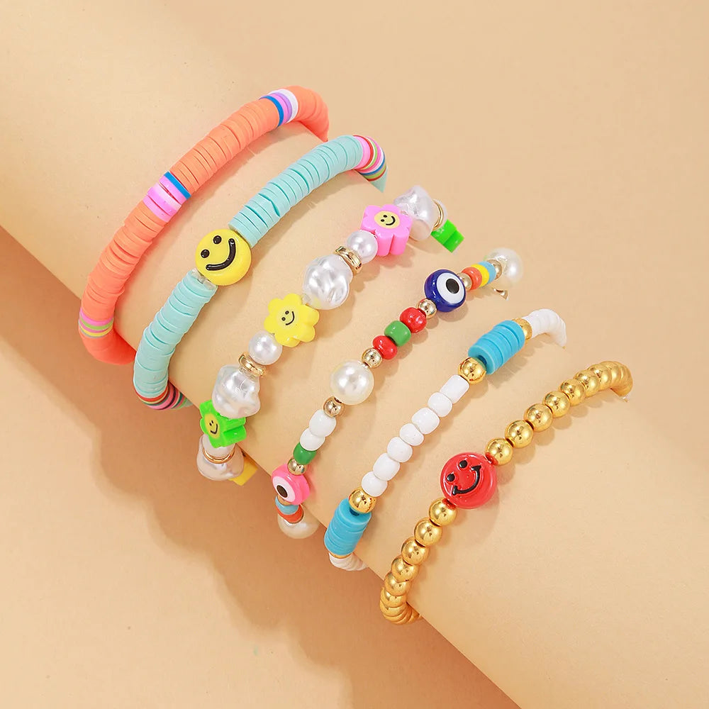6-7Pcs/Set Bohemia Smile Face Colorful Stackable Bracelet Soft Clay Pottery Layering Friendship Bead Girl Bangle Boho Jewelry