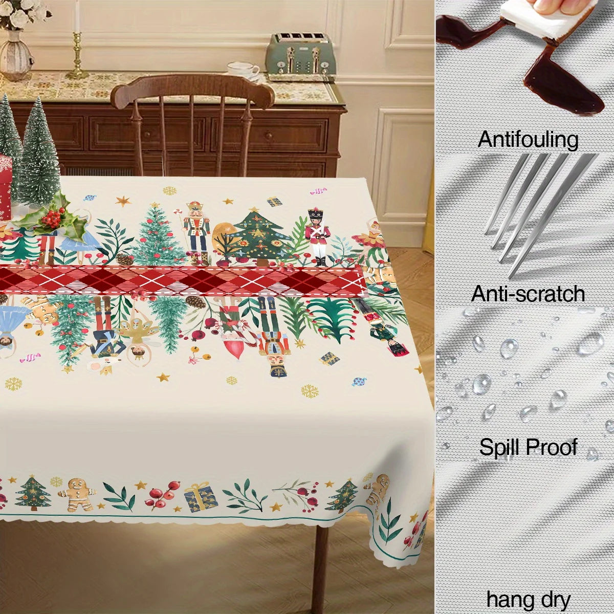 Tejesa Christmas Holly Waterproof Tablecloth Holiday Party Decor Reusable Xmas Rectangle Table Cloth Dining Room Table Decor