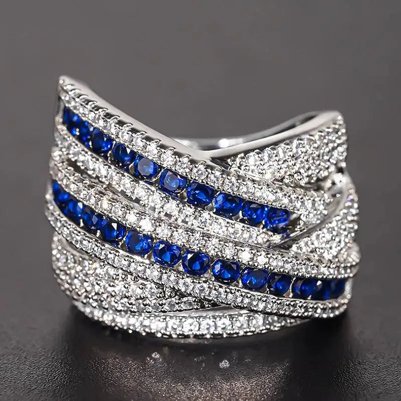 Huitan Cross Women Ring Inlaid Blue/White Cubic Zirconia Elegant Wedding Party Accessories Luxury Daily Versatile Trendy Jewelry