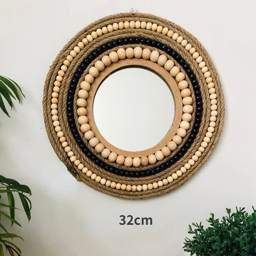 Moroccan Hemp Rope Wooden Bead Mirror Round Raffia Wall Hangings Ins Handmade Straw Decorations