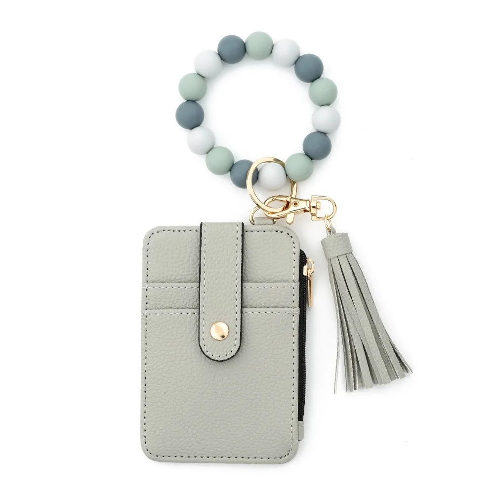 Hemasa Bohemian Style Card Holder Bracelet Keychain Floral Design Faux Leather Beaded Tassel Keychain Tassel Beaded Detail