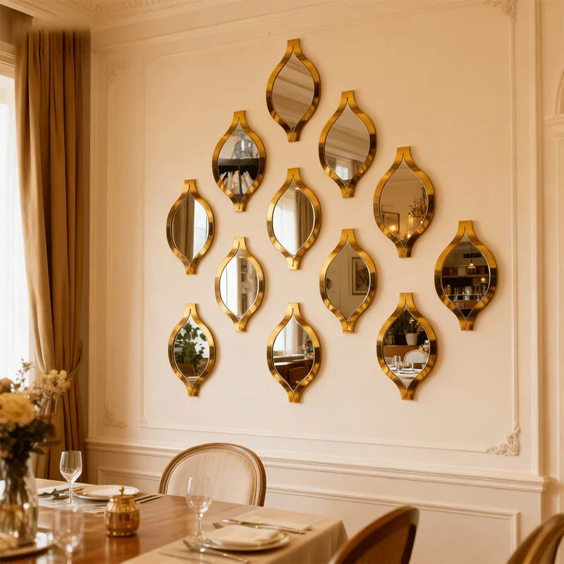 Hemasa 12pcs Teardrop Combination Bathroom Mirror | Golden Artistic Decorative Mirror for Bedroom, Living Room, Hallway Accent Wall