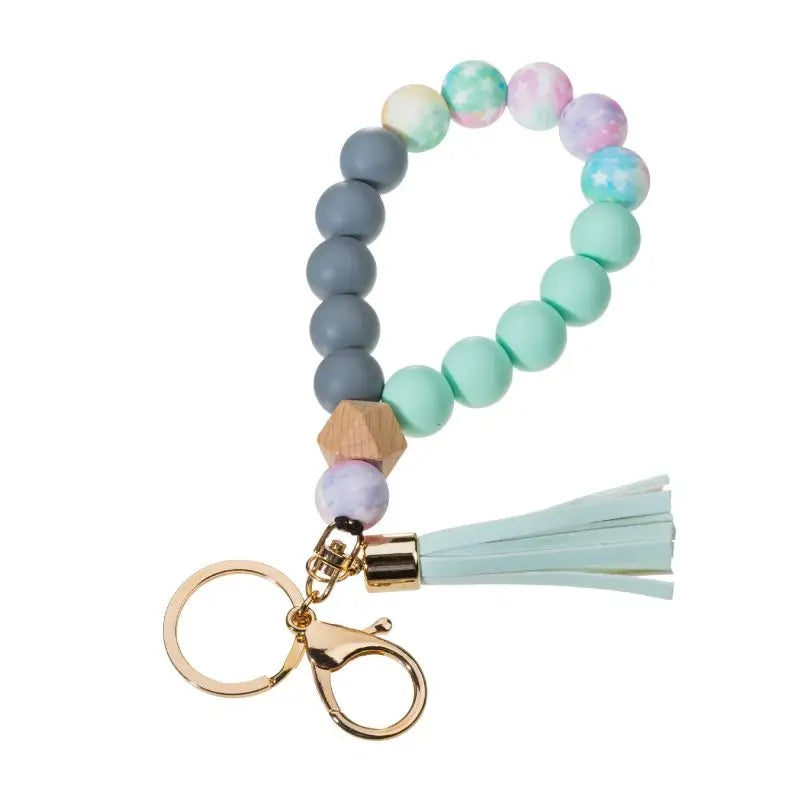 Silicone Keychain For Keys Tassel Wood Beads Bracelet Keyring For Women Multicolor Beads Keychain Fashion Keychain Wholesale