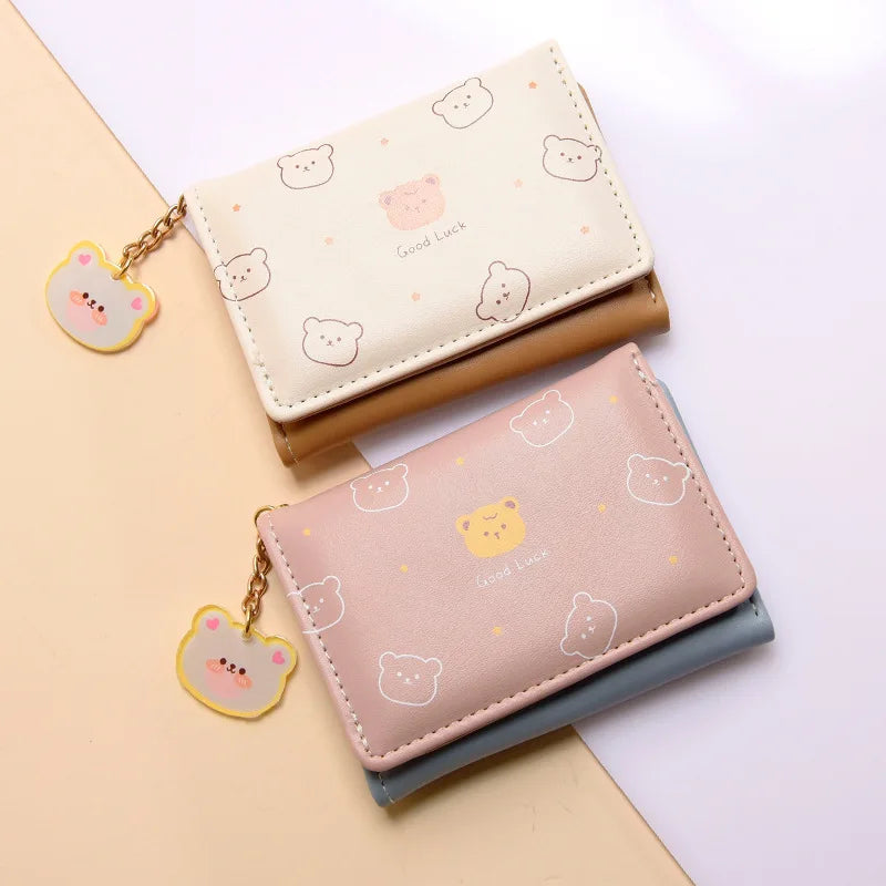 Women Short Thin Korean Version Cute Cartoon Bear Ladies Small Wallet Student Three-fold Wallet Female Fashion Short Coin Purse