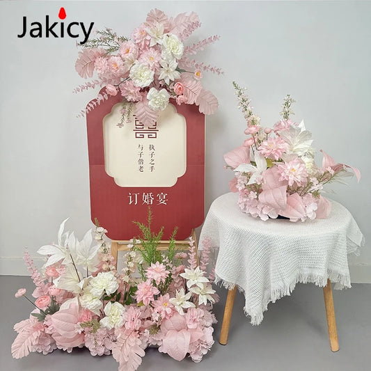 Pink White Rose Peony plant leaves Event Table Ball Wedding Backdrop Arch Decor Hang Flower Row Stage Flower Party Props Display