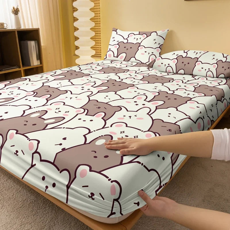 1 Cartoon Cute Teddy M-bear Printed Matte Fitted Sheet, Bedroom Printed Bed Cover, Bedding (Excluding Pillowcases)