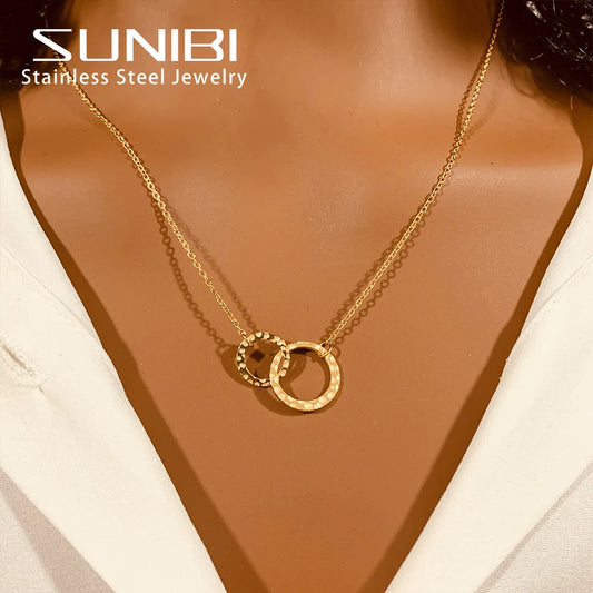 Stainless Steel Necklaces for Women Fashion Thin Chain Minimalist Dainty Double Circle Pendant  Necklace on The Neck Jewelry