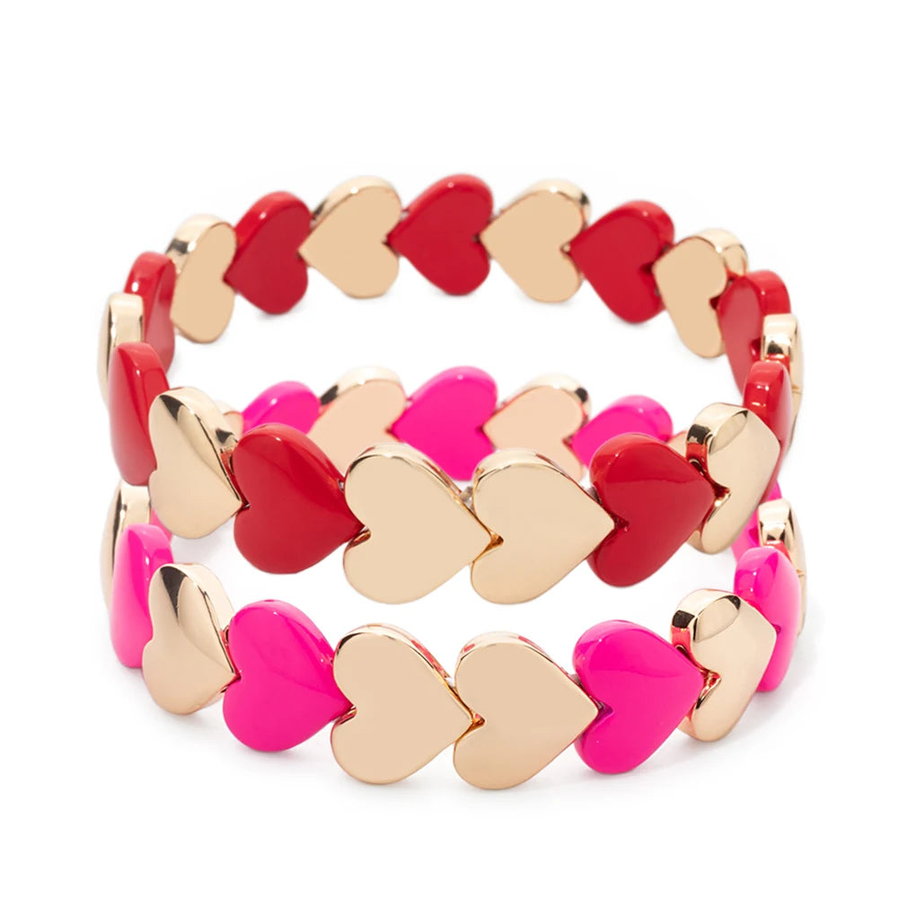 2024 New Arrival Enamel Heart Bead Bracelet Gold Color Elastic Bangle Set for Women Love Romantic Couple Jewelry Accessories