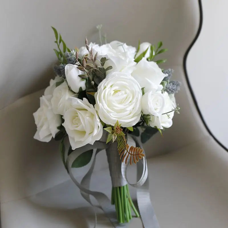 YeeNanee Wedding Bouquets for Bride White Blue Artificial Rose Flowers Bridal Bouquet Rustic Wedding Ceremony Anniversary Decor