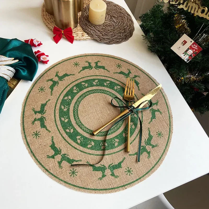 Christmas Retro Jute Placemat Round Printed Woven Dining Table Mat with Wool Ball Heat-Resistant Home Decorative Coffee Cup Mats