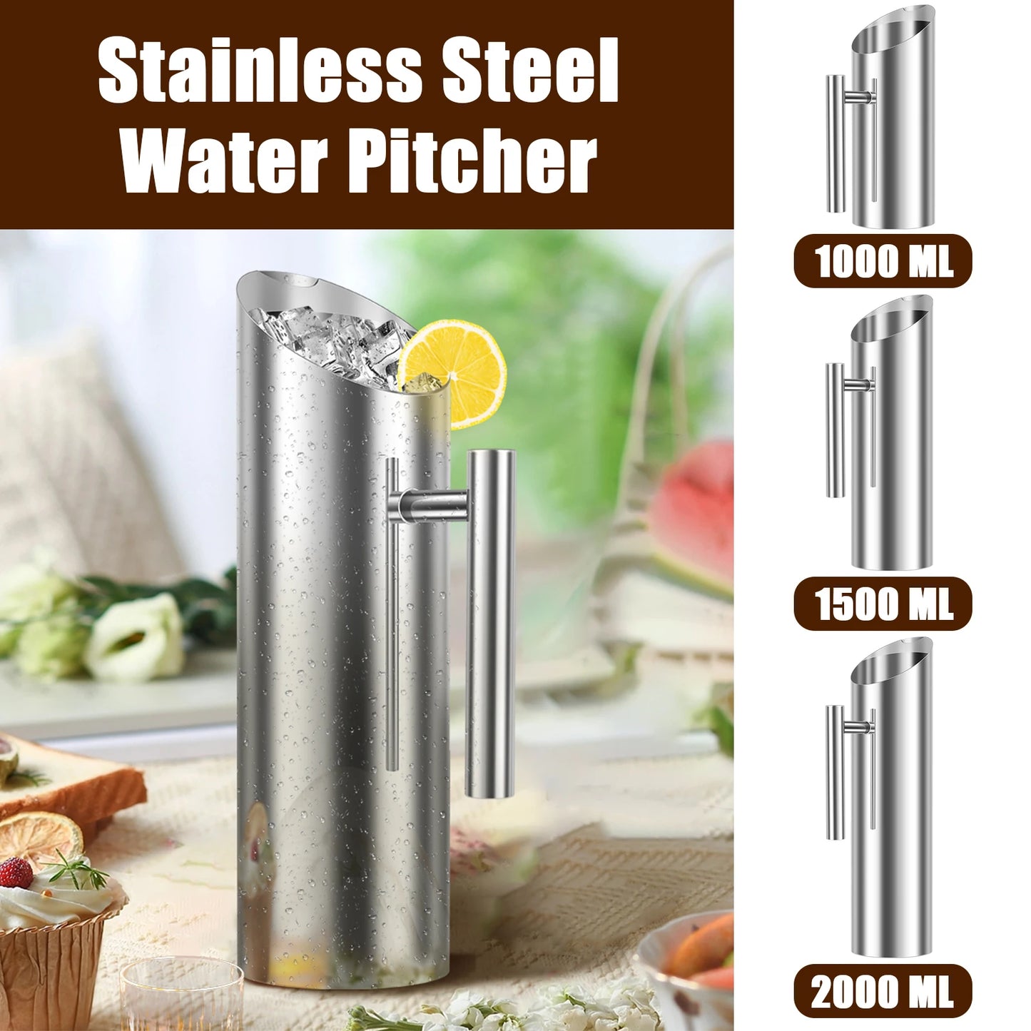 Tejesa 2/1L Water Pitcher Stainless Steel Juice Pitcher Ice Bucket Rustproof Pitcher Pot for Bar Hotel KTV Kitchen Cold Water Wine Jug