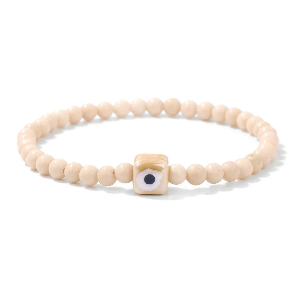 Tejesa Square Eye Bracelet Natural Stone 4mm Beads Elastic Bracelets for Women Men Turkish Evil Eye Lucky Protection Blessing Jewelry