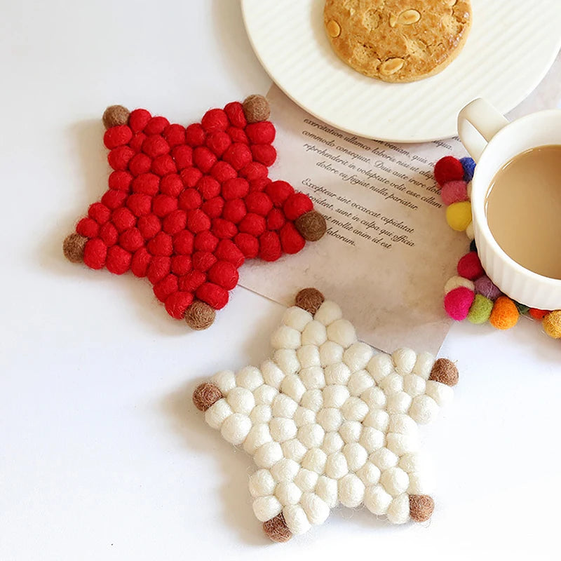 Hemasa Colorful Wool Felt Balls Coaster Hexagon /Heart /Star Shape Coasters