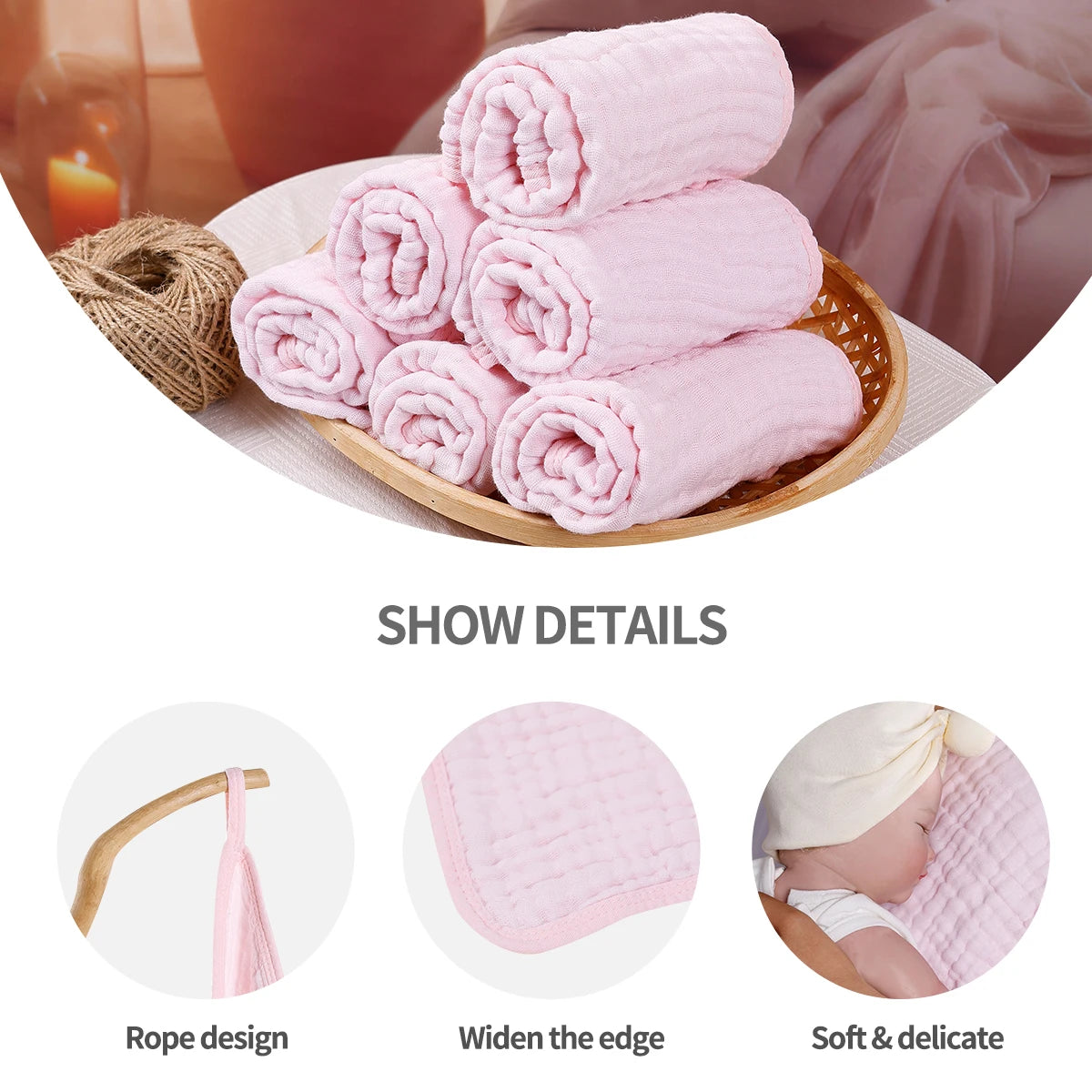 Tejesa 6pcs Set Breathable All Season Baby Muslin Burp Cloth 100% Cotton Newborn Bib Face Towel Size 50x30cm