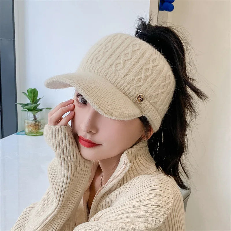 Women's autumn and winter empty top hat knitted rabbit fur and plush thickened warm ear protection duck tongue baseball cap