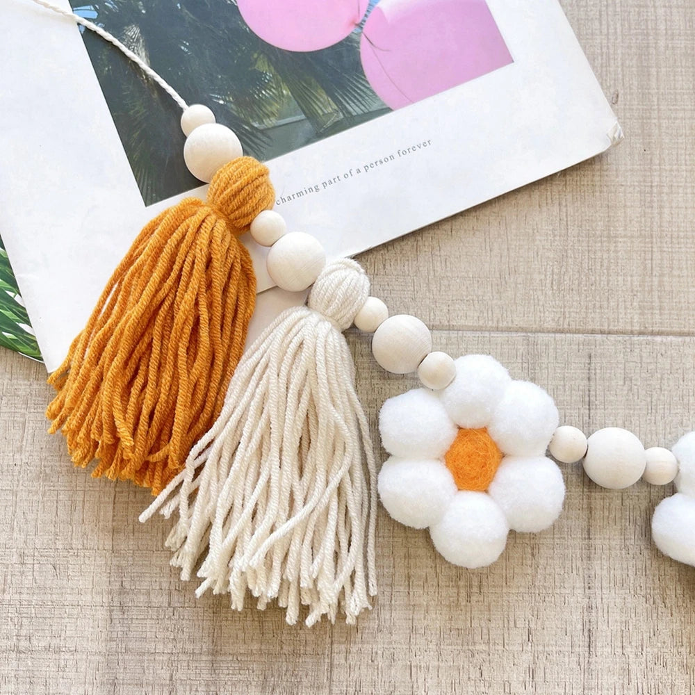 Hemasa Handmade Cotton Rope Wooden Bead Garland with Tassel /Farmhouse Wall Hanging  Home Decor