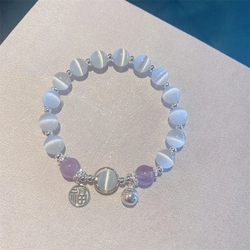 Women Romance Cat Eye Stone Charm Bangle Fashion Beaded Bracelet Imitation Moonstone Wrist Chain Jewelry For Girlfriend Gift