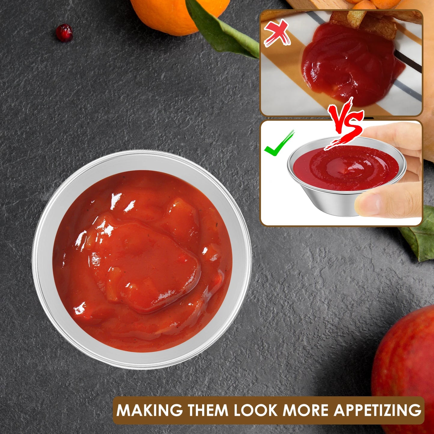 Tejesa 20/12Pcs Sauce Dipping Cup Stainless Steel Condiment Sauce Cup Reusa 1.5oz Mini Sauce Dish Dipping Bowl Salad Dressing Container