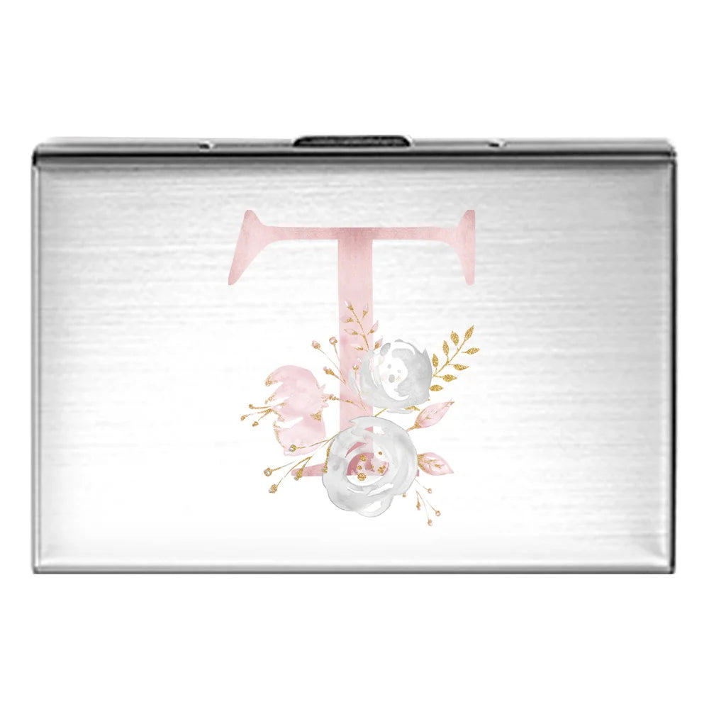 Tejesa Metal Business Card Holder - Slim Pocket Business Card Case for Unisex /Stainless Steel IC Cards /Pink Flower Print Series