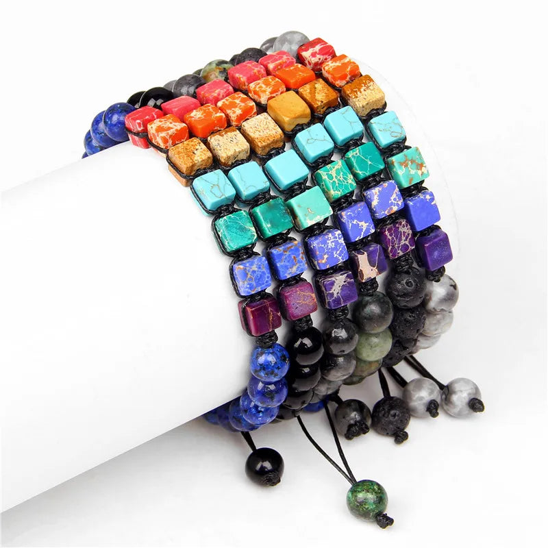Tejesa Square Beads 7 Chakra Wrap Bracelets For Men Adjustable Braided Bracelet Green African Stone Lava Labradorite Handmade Jewelry