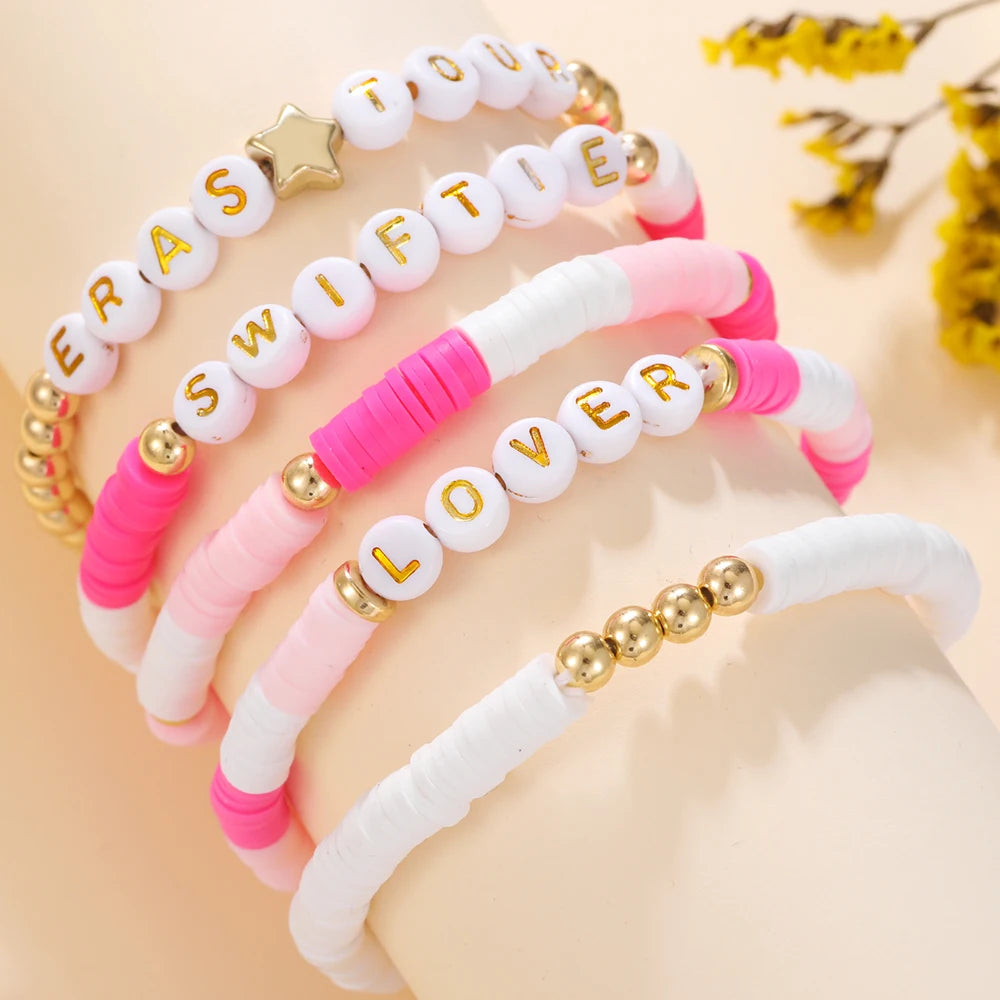 Hemasa Polymer Clay Letter Adjustable Stretch Bracelet Sets for Women  /Girls