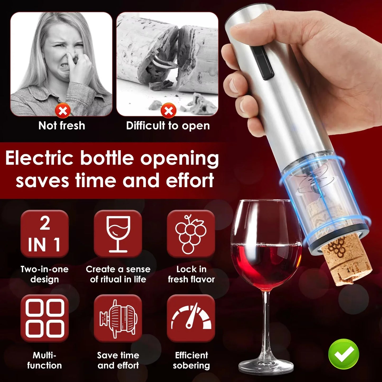 Tejesa 4In1 Electric Wine Opener Set /Rechargeable Automatic Corkscrew Bottle Opener with Foil Cutter Pourer Vacuum Stopper Storage Base