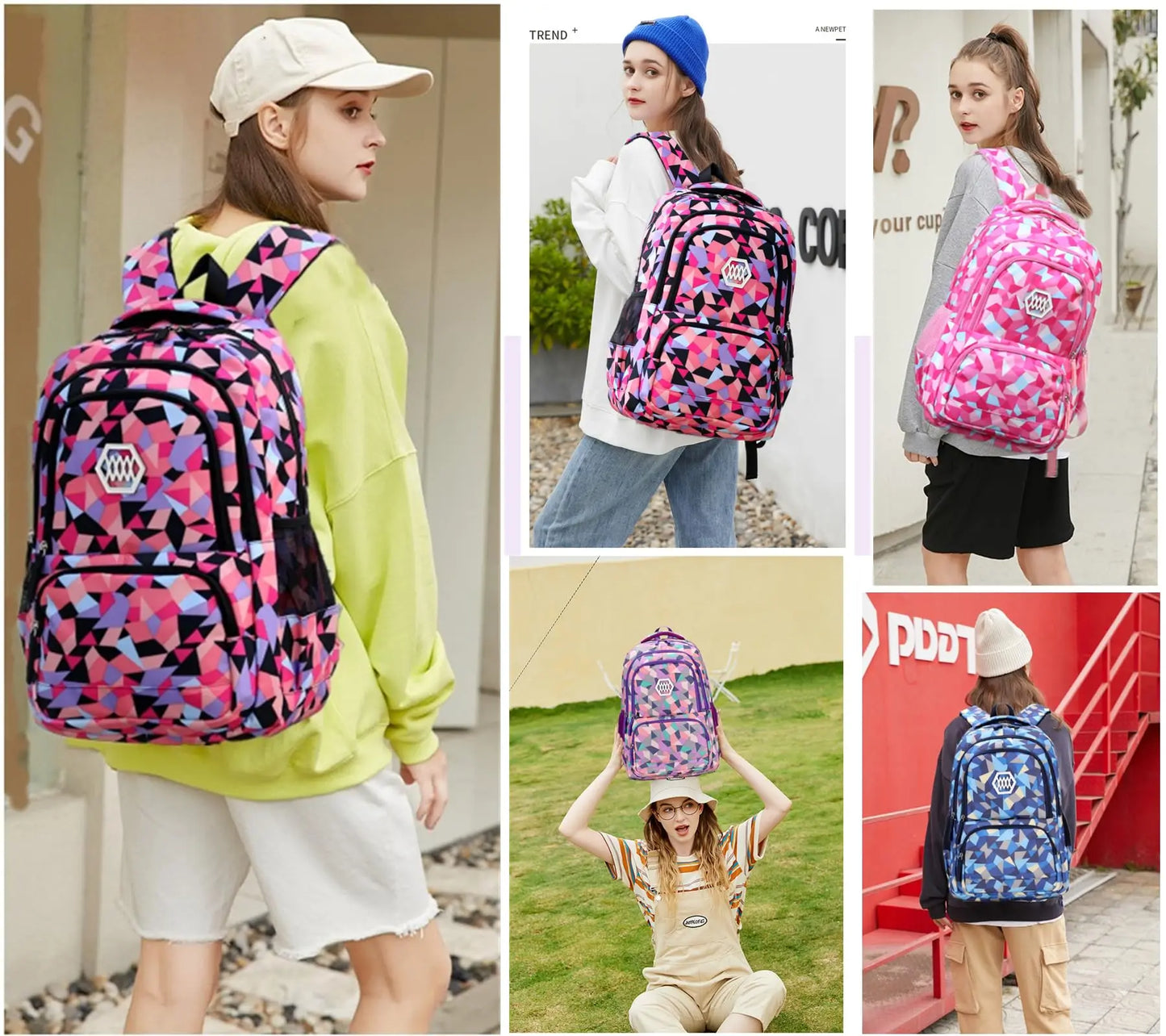 Geometric Print Kids Backpack for Girls Boys Primary Middle School Bag Bookbags Free Lunch Bag and Coin Purse