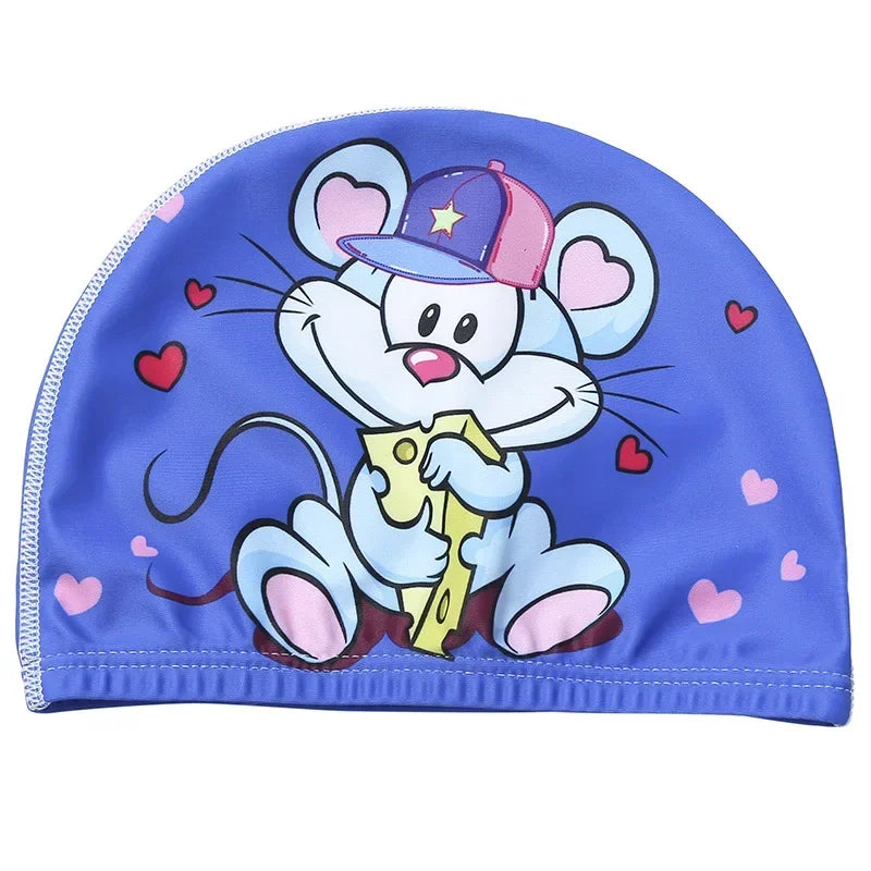 Hemasa Swimming Cap for Children Elastic Fabric Cute Cartoon for Long Hair Lovely Kids Protect Ears Swim Pool Hat for Boys Girls Swim