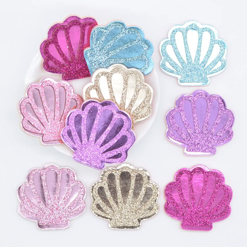 10Pcs 40*40mm Glitter PU Shell Padded Appliques for DIY Craft Cake Topper & Baby Headwear Clip Bow Accessories Decor Patches