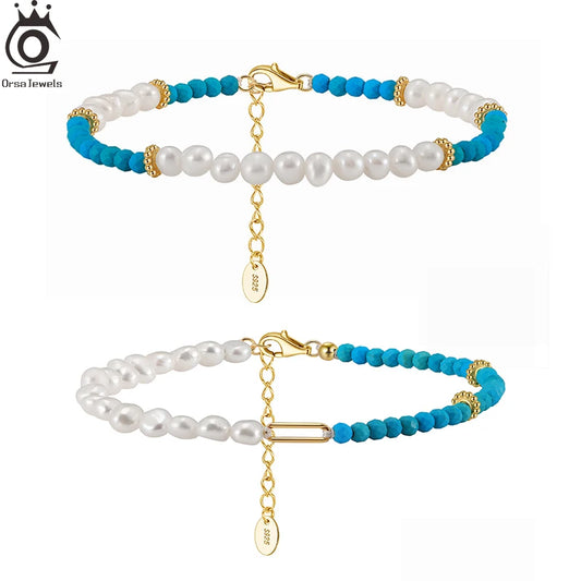 ORSA JEWELS 925 Sterling Silver Turquoise Beaded Bracelet Chain with Natural Pearls For Women Party Gift Luxury Jewelry MPB06