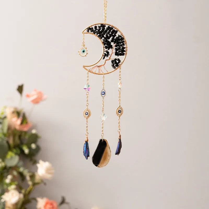 Crystals Gravel Agate Stones Tree of Life Hanging Ornaments for Home Natural Gemstone Moon Suncatcher Room Reiki Decoration