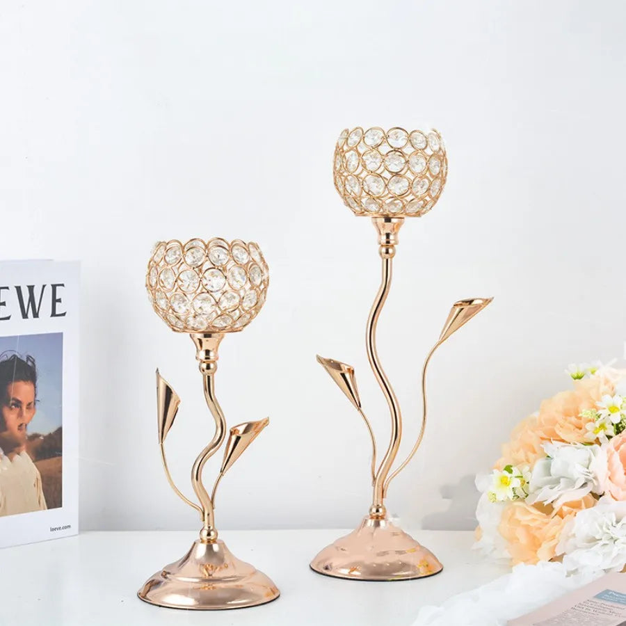 Hemasa Gold Crystal Candle Holder/Iron Flower Shaped Candlestick Small Vintage Candlestick Set for Table Center piece Wedding Birthday
