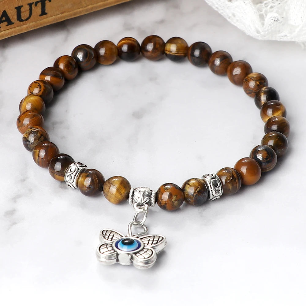 Heamsa 6mm Beads Bracelet with Butterfly  Charm for Women