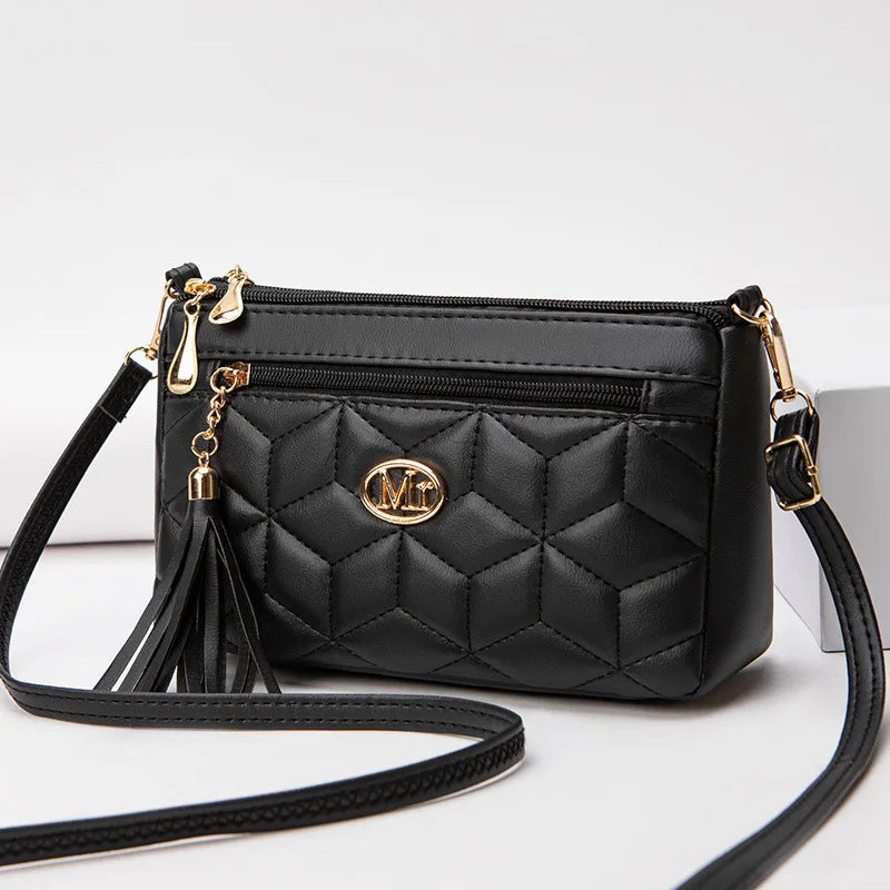 Hemasa Double Zipper Crossbody Diamond Lattice Shoulder Bag Tassel Decoration  Zipper handBag