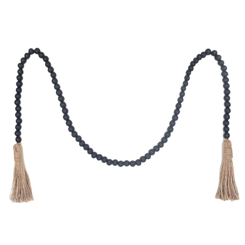Wood Bead Garland with Tassels Rustic Decor Prayer Boho Beads Hanging Decor