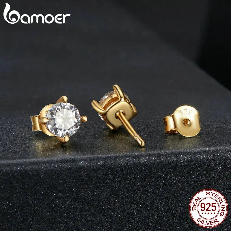 BAMOER Gold Plated Round Moissanite Stud Earrings for Women, 925 Sterling Silver Classic Engagement Wedding Jewelry Gift MSE038