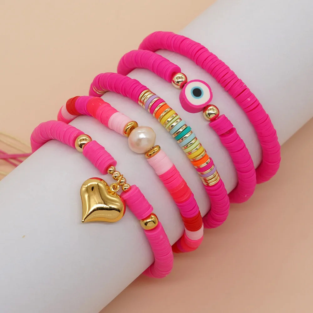 Tejesa Bohemian Freshwater Pearl  Gold Plated  Polymer Clay Bead Bracelet Set