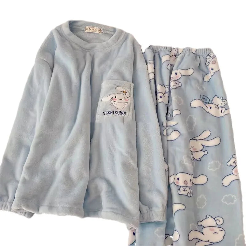 Hemasa  Cinnamoroll Pajamas Kuromi My Melody Flannel Pullover Coral Velvet Winter Warm Pajamas Homewear Girl Gifts