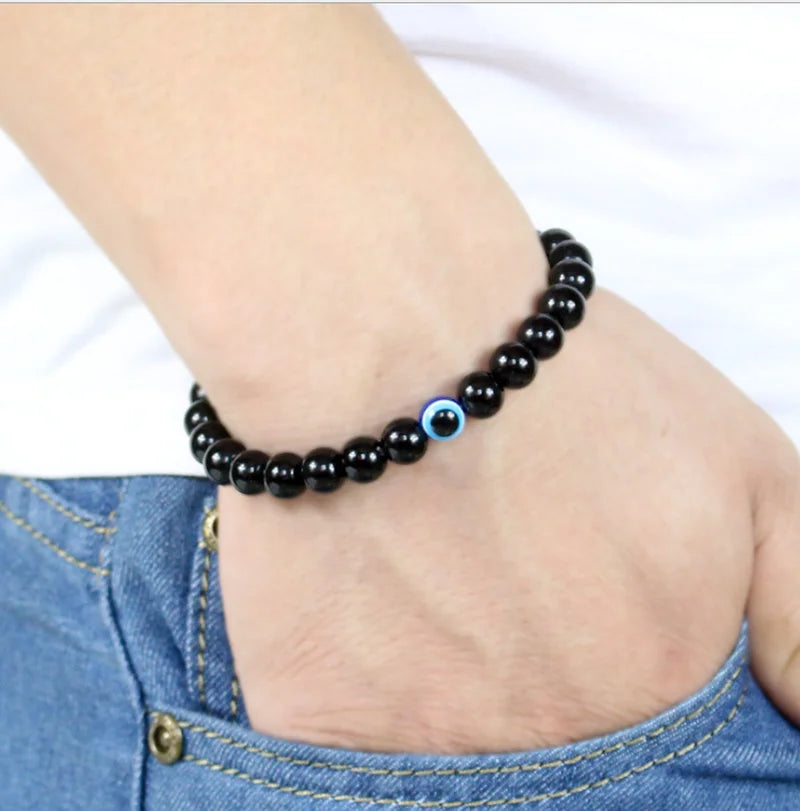 14PCS Turkish Evil Eyes Bracelet Black Natural Stone Beads Obsidian Men Braslet for Women Men Yoga Hand Jewelry Accessories