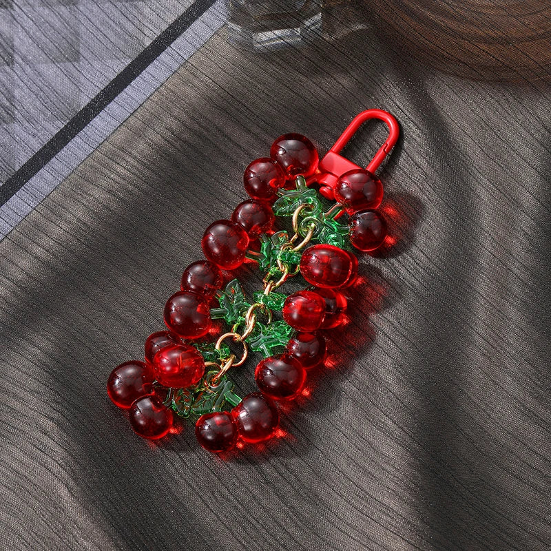 Hemasa 1PC Strawberry Cherry Red Beads Keychain Keyring For Women Girl Friend Simulated Fruit Bag Car Key Holder Airpods Box Jewelry