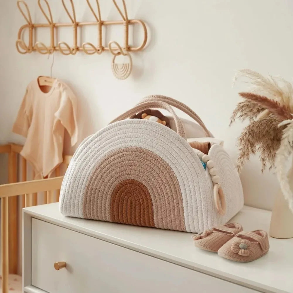 Diaper Caddy Organizer with Gift Bags and Ribbons - Sturdy Cotton Rope Basket for Baby Girl & Boy Newborn Essentials