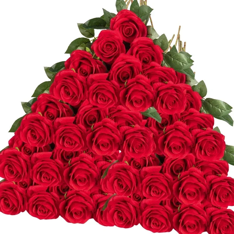 Tejesa 50 Pcs Velvet Rose Artificial Rose Flowers Real Touch Fake Roses Florals for Valentine's DIY Wedding Bouquet Party Home Decor