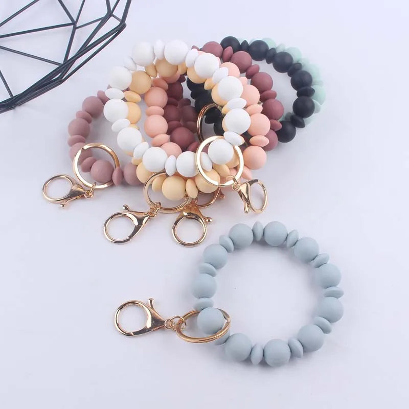 Food Grade Silicone Round Beaded Keychain Fashion Women Wristlet Bracelet Keyring For Anti-Loss Lobster Clasp Keychain Jewelry