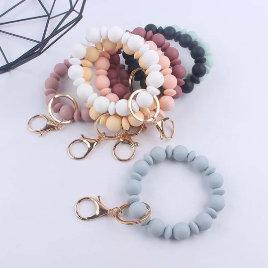 Silicone Round Beads Keychain  for Women/ Wristlet Bracelet Keyring For Anti-Loss Lobster Clasp Keychain Jewelry