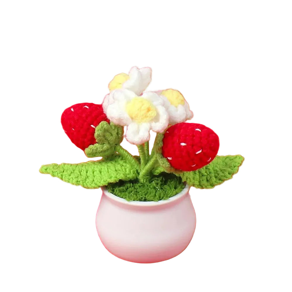 Hemasa Strawberry Crochet Potting Cute Kintted Flowers /Handwoven Flowers for Table Car Bookshelf Home Decor Gift Crochet Strawberry