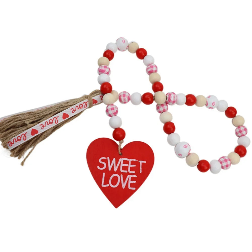 Freeship Sweet Love Wood Beads Garland Valentine’s Day Tiered Tray Decors Beaded Garland with Tassels Heart Shaped Pendant