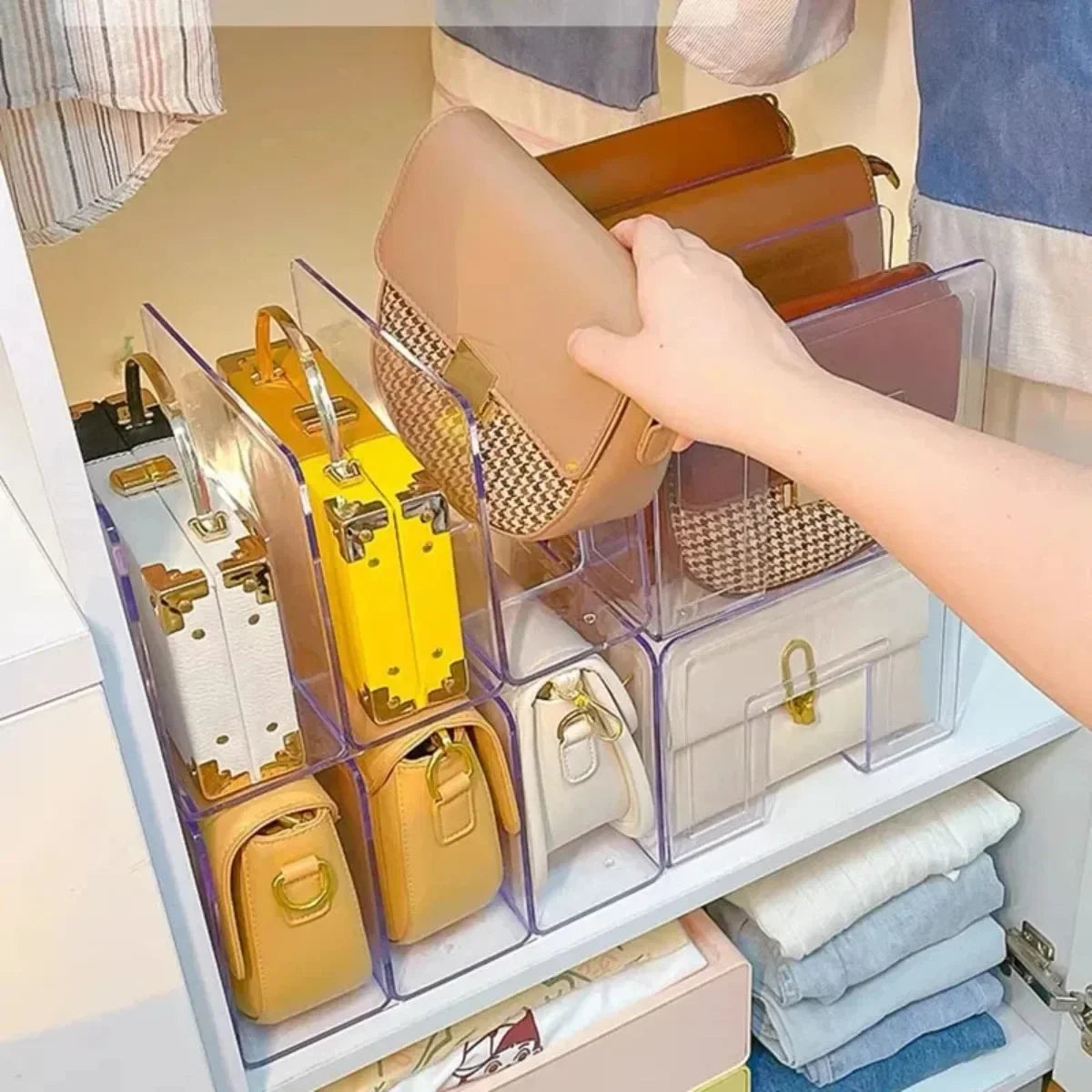 Hemasa 3/4 Grids Handbag Storage Box Divider Shelf Bag Storage Rack Clear  Handbag Storage Wardrobe Storages Home Use Wardrobe Shelf