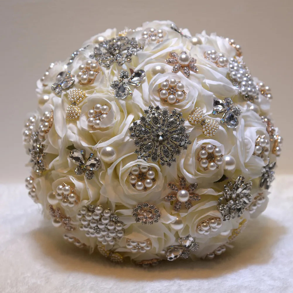 Tejesa Fancy 9.8in Bridal Wedding Bouquet with Crystal Pearl Artificial Silk Rose Flower Bouquet for Bride Wedding